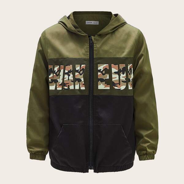 

Boys Camo Letter Print Colorblock Zipper Placket Hooded Jacket, Multicolor