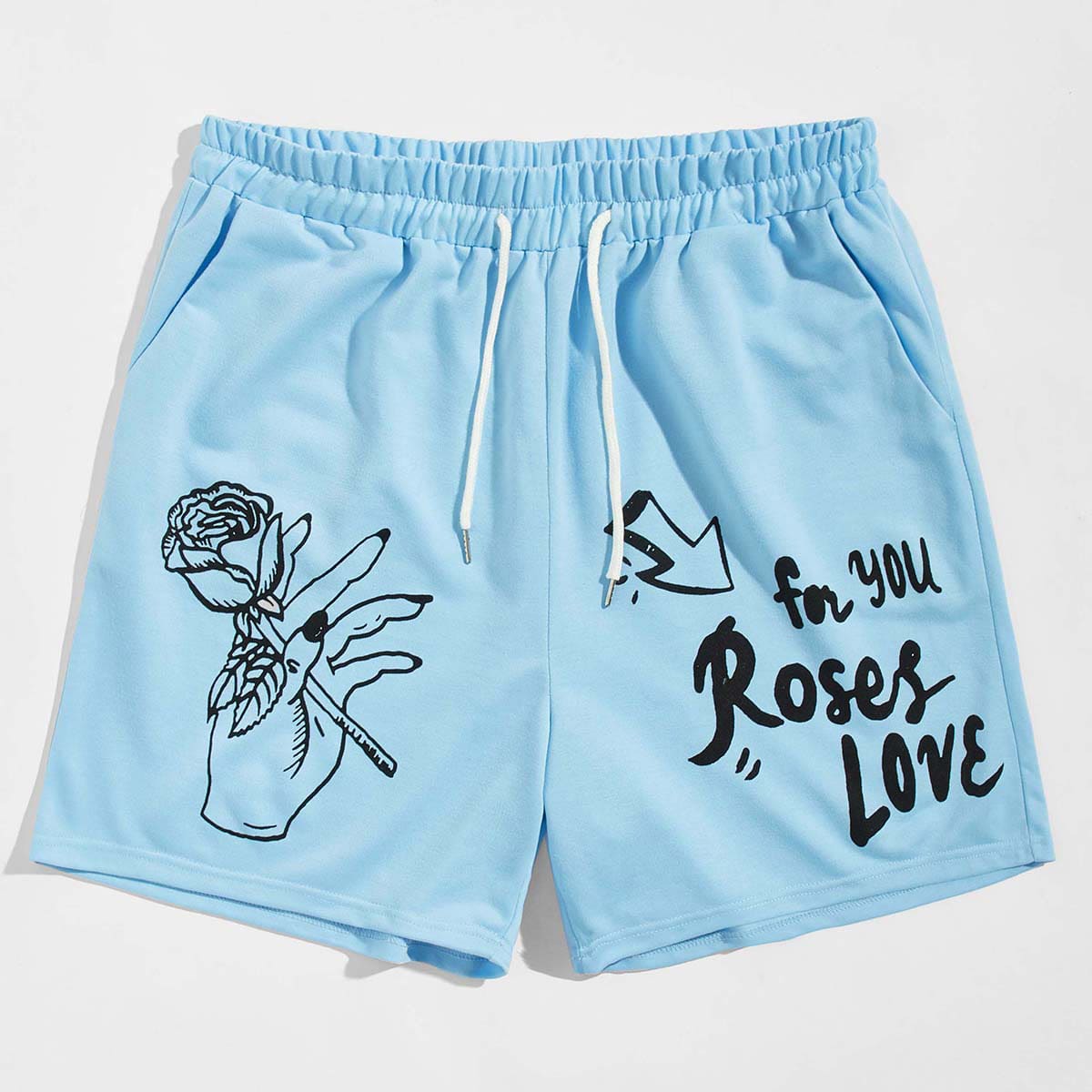 

Guys Floral & Slogan Graphic Drawstring Shorts, Baby blue
