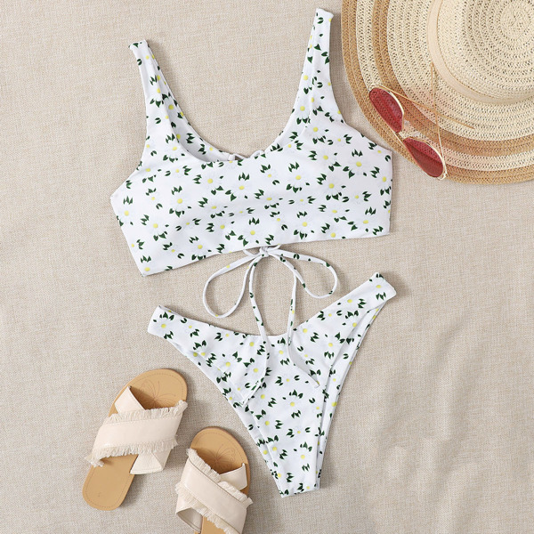 

Daisy Floral Lace-up High Cut Bikini Swimsuit, White