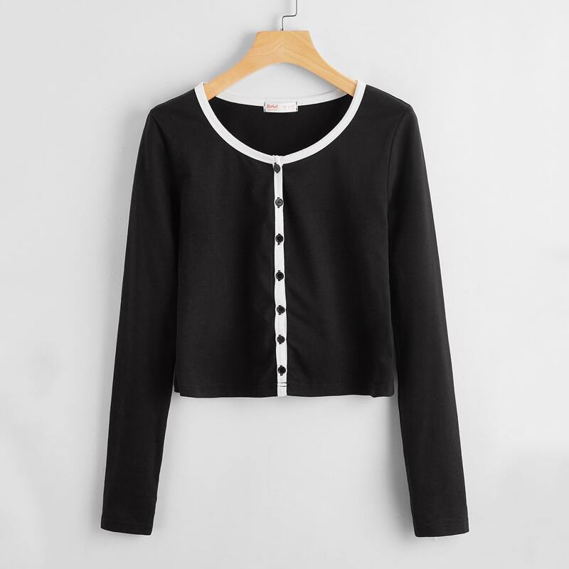 

Contrast Binding Button Front Tee, Black