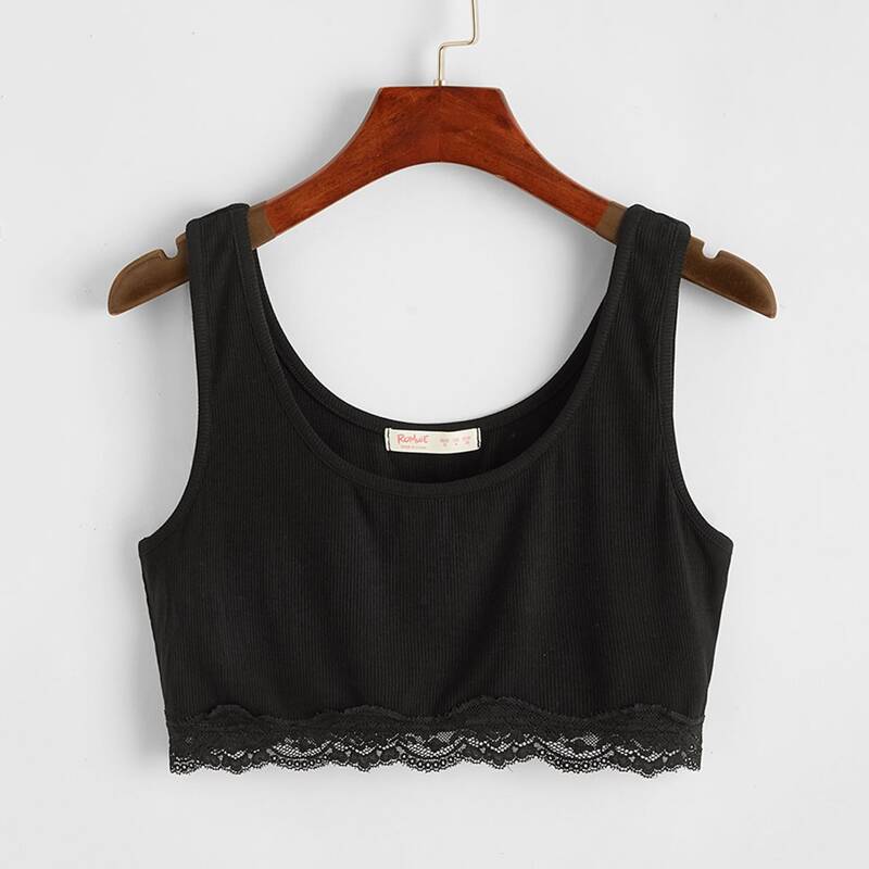 

Lace Hem Ribbed Crop Tank, Black