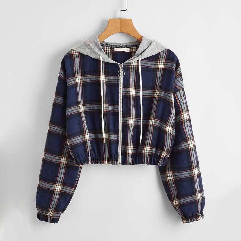

Plaid Zipper Hooded Jacket, Multicolor