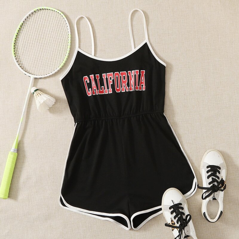 

Letter Graphic Contrast Binding Cami Romper, Black