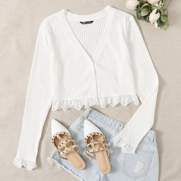 

Lace Trim Button Front Rib-knit Tee, White