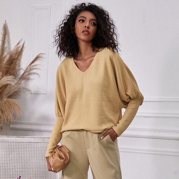 

V Neck Gigot Sleeve Rib-knit Tee, Apricot