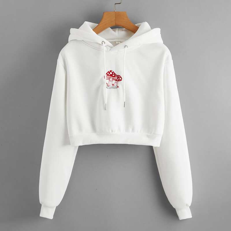 

Mushroom Embroidery Crop Hoodie, White