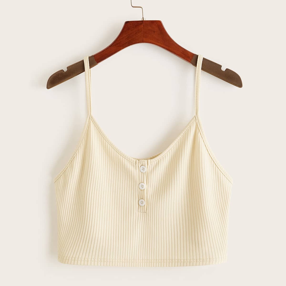 

Button Front Ribbed Crop Cami, Beige
