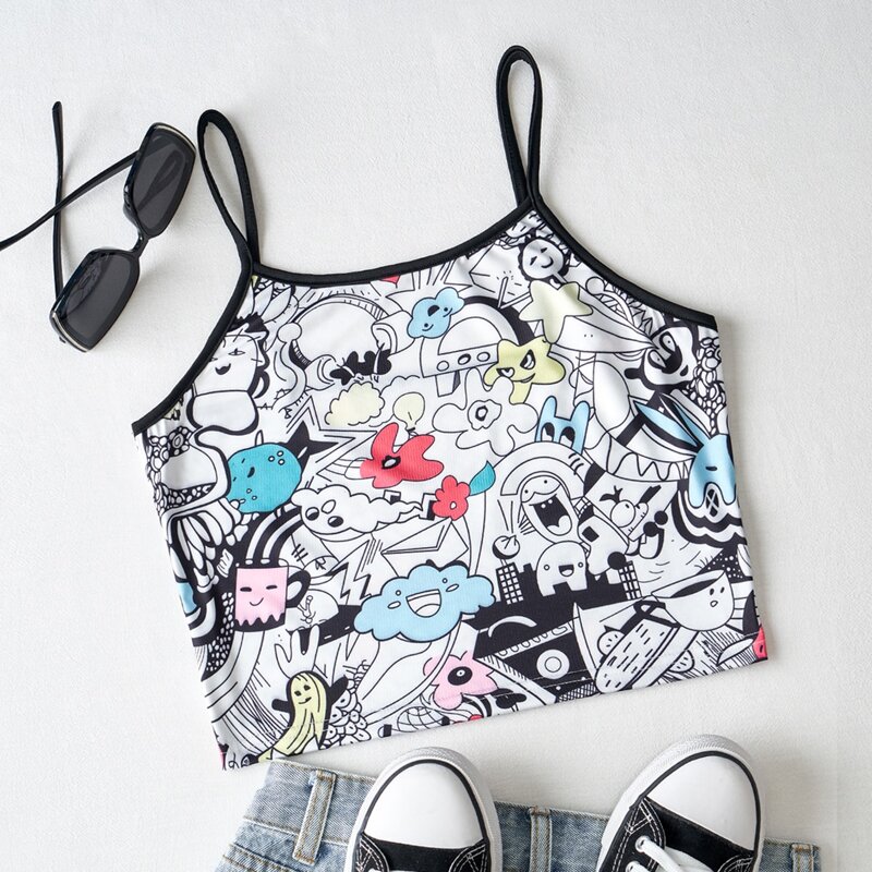 

Allover Cartoon Graphic Ringer Cami, Multicolor