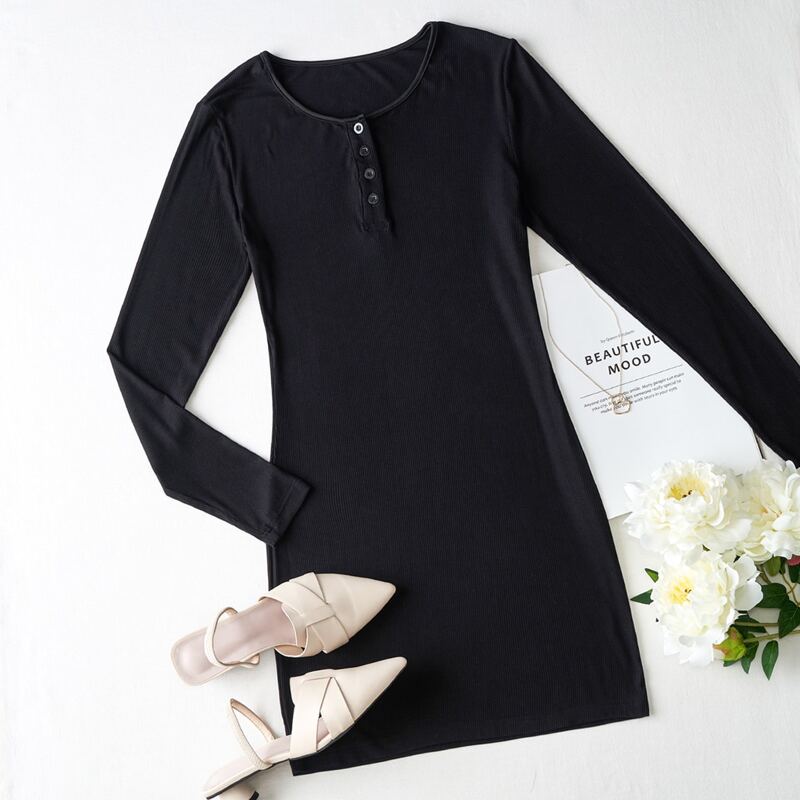 

Henley Ribbed Dress, Black