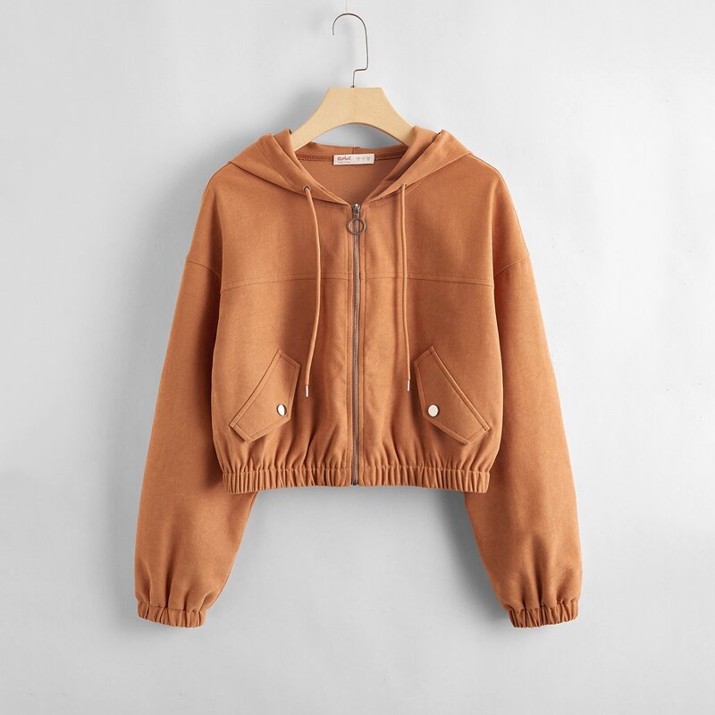 

Solid Zipper Hooded Jacket, Khaki