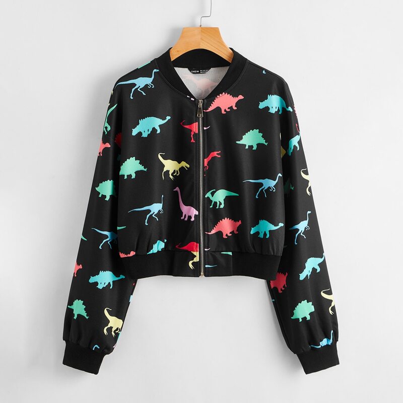 

Allover Dinosaur Print Zip Up Bomber Jacket, Black
