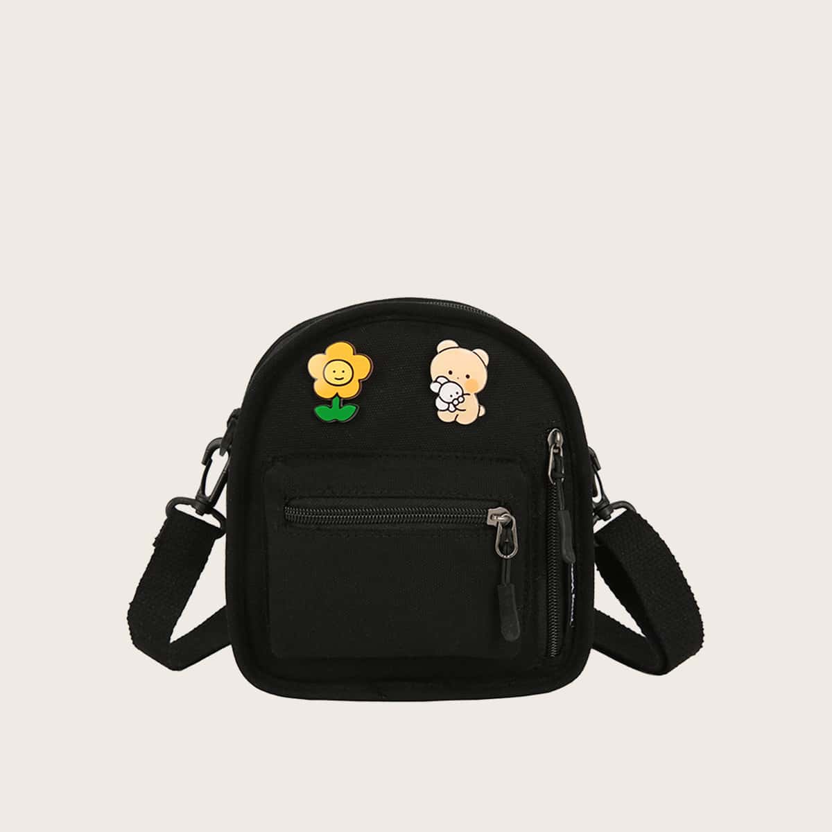 

Cartoon Zip Front Canvas Crossbody Bag, Black