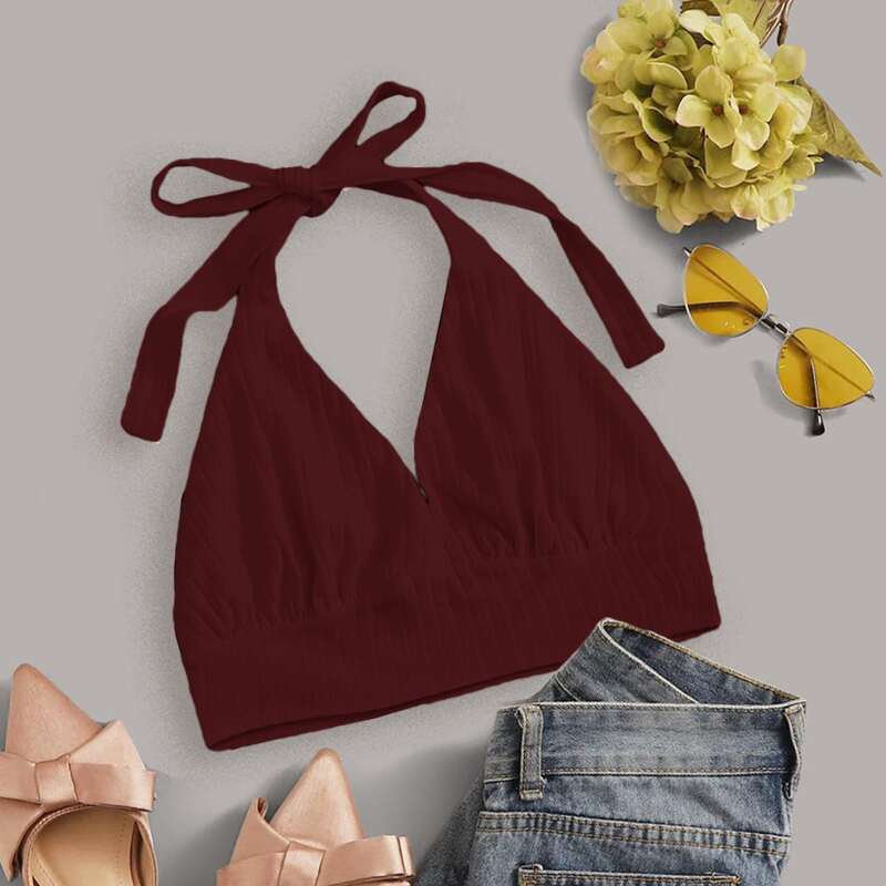 

Solid Crop Halter Top, Burgundy