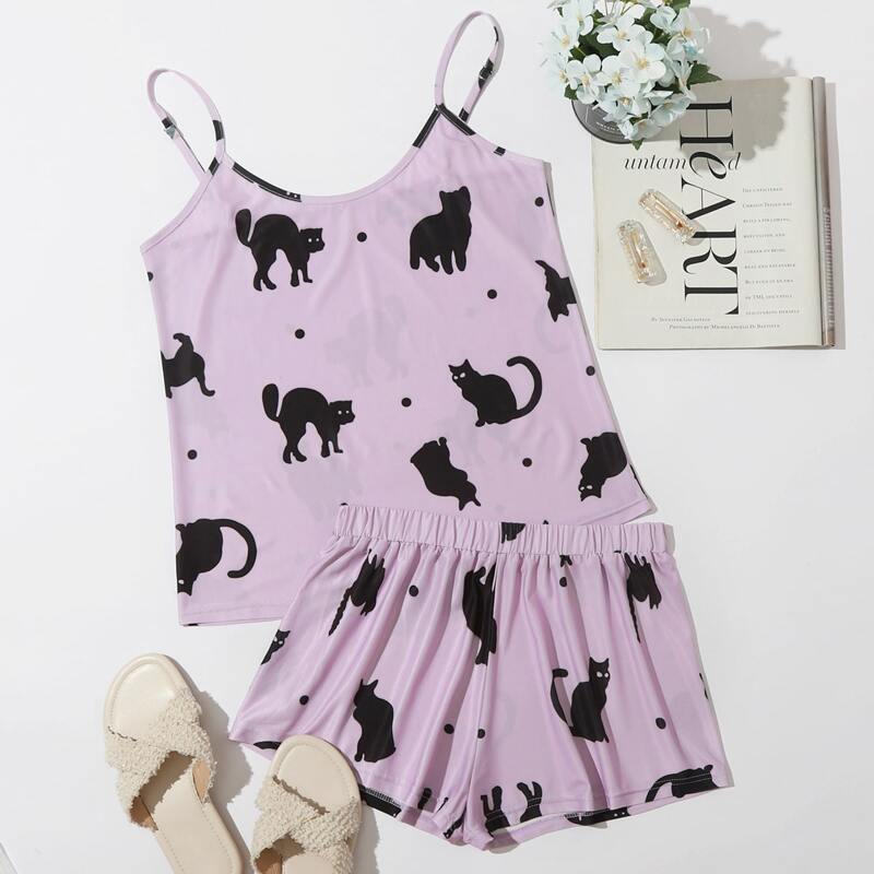 

Cat Print Cami & Shorts PJ Set, Purple pastel