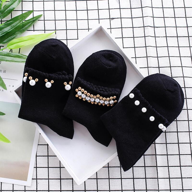 

3pairs Faux Pearl Decor Socks, Black