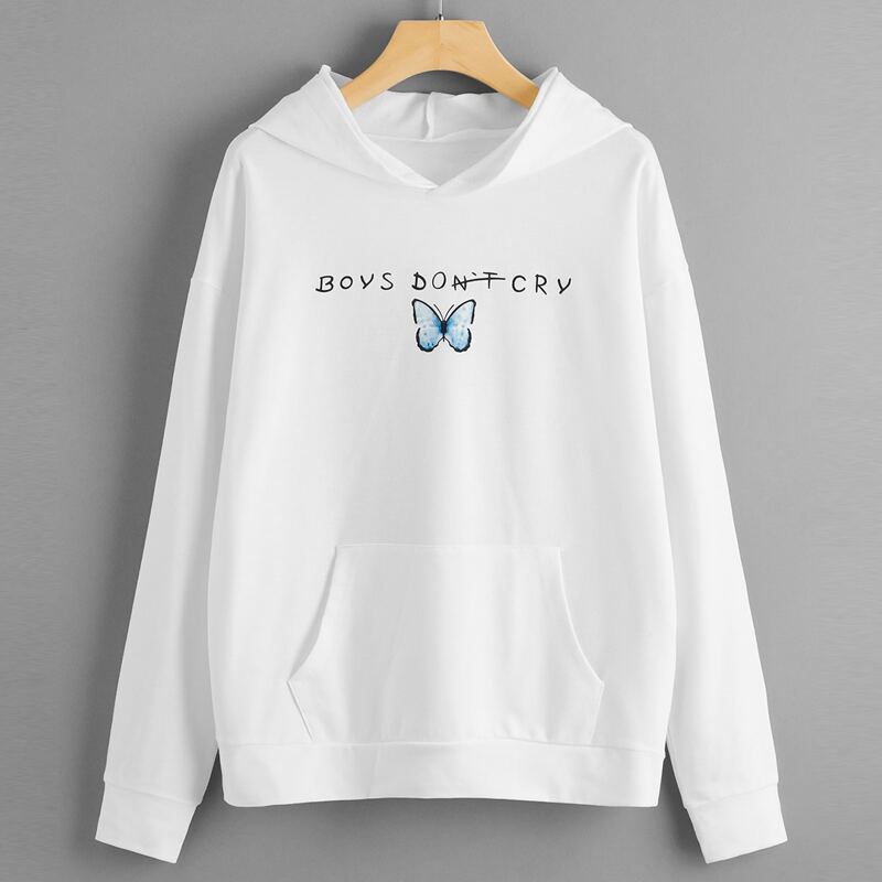 

Kangaroo Pocket Butterfly & Letter Graphic Hoodie, White
