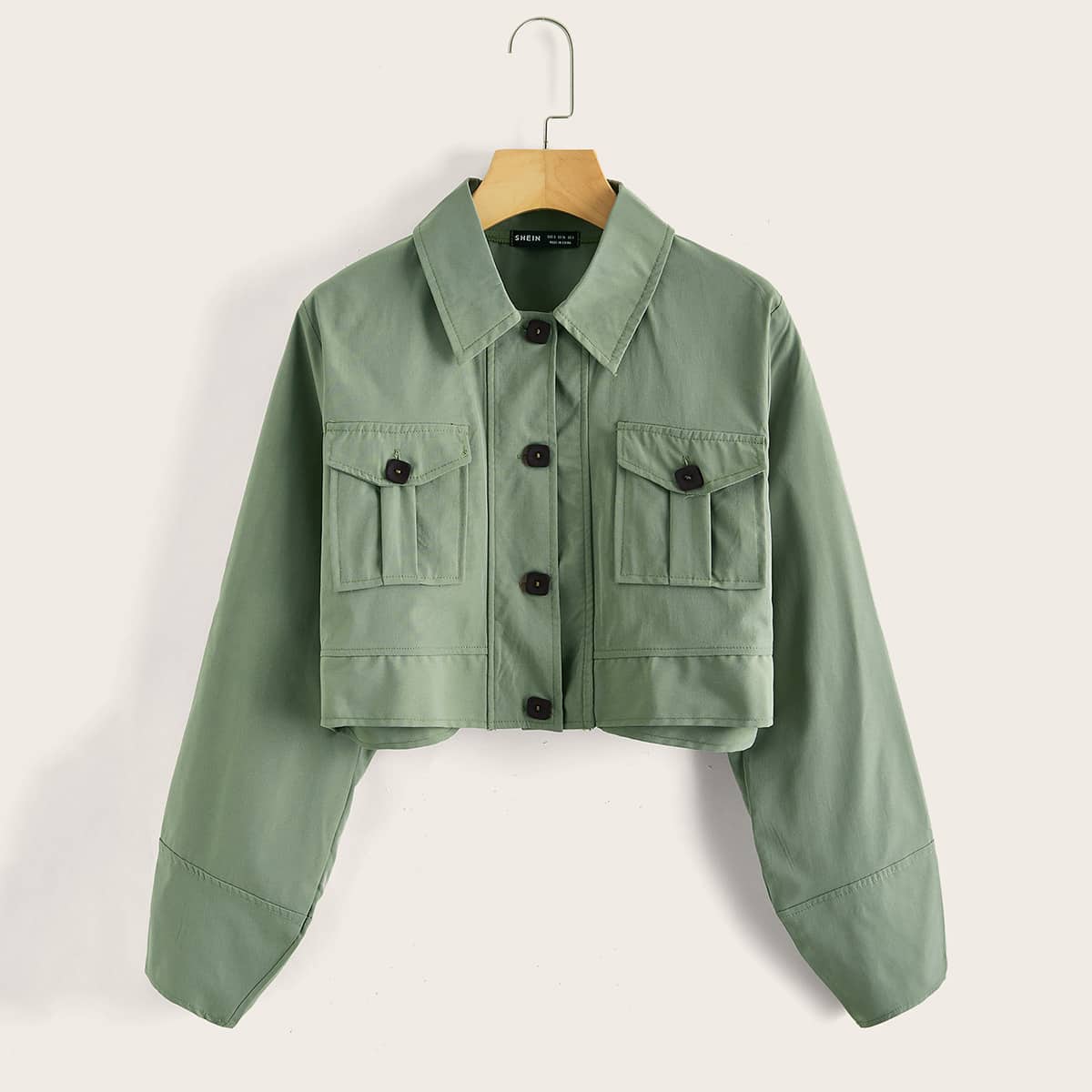 

Patch Pocket Button Front Crop Jacket, Mint green