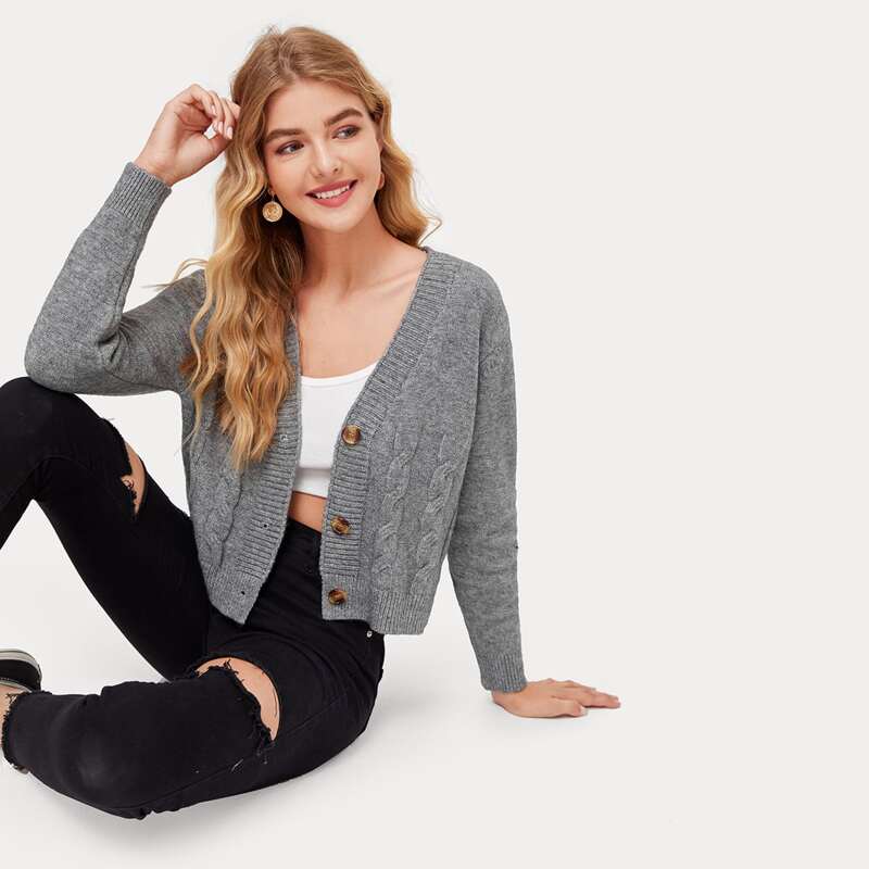 

Button Front Cable Knit Cardigan, Grey
