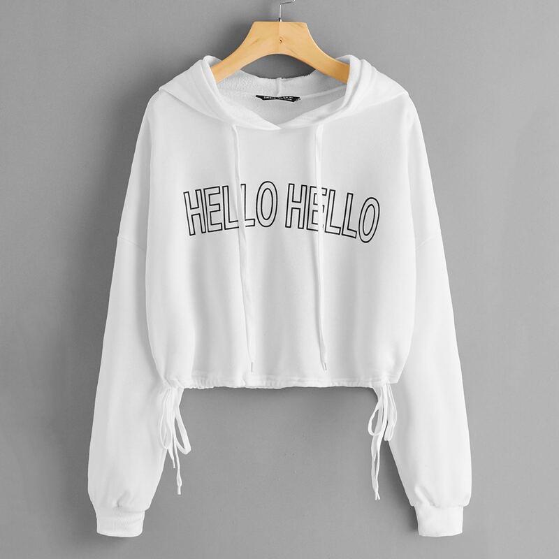 

Letter Graphic Drawstring Knot Oversized Crop Hoodie, White