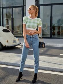 SHEIN Qutie 格紋短版針織上衣 - 青檸色 - 查看 6