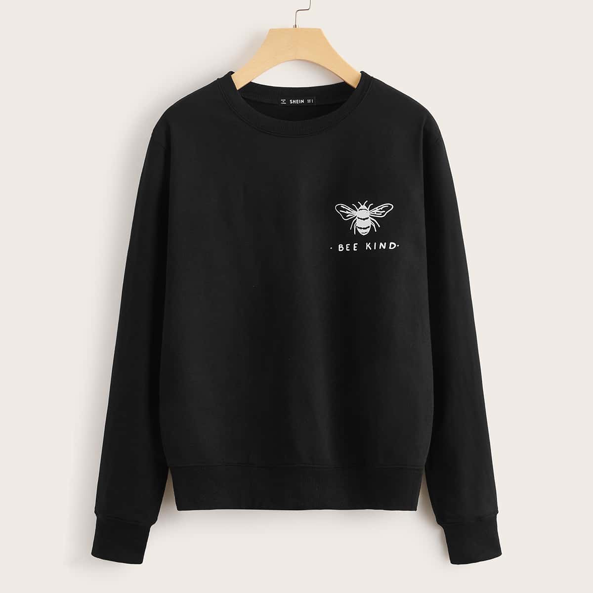 

Drop Shoulder Letter & Bee Graphic Sweatshirt, Black
