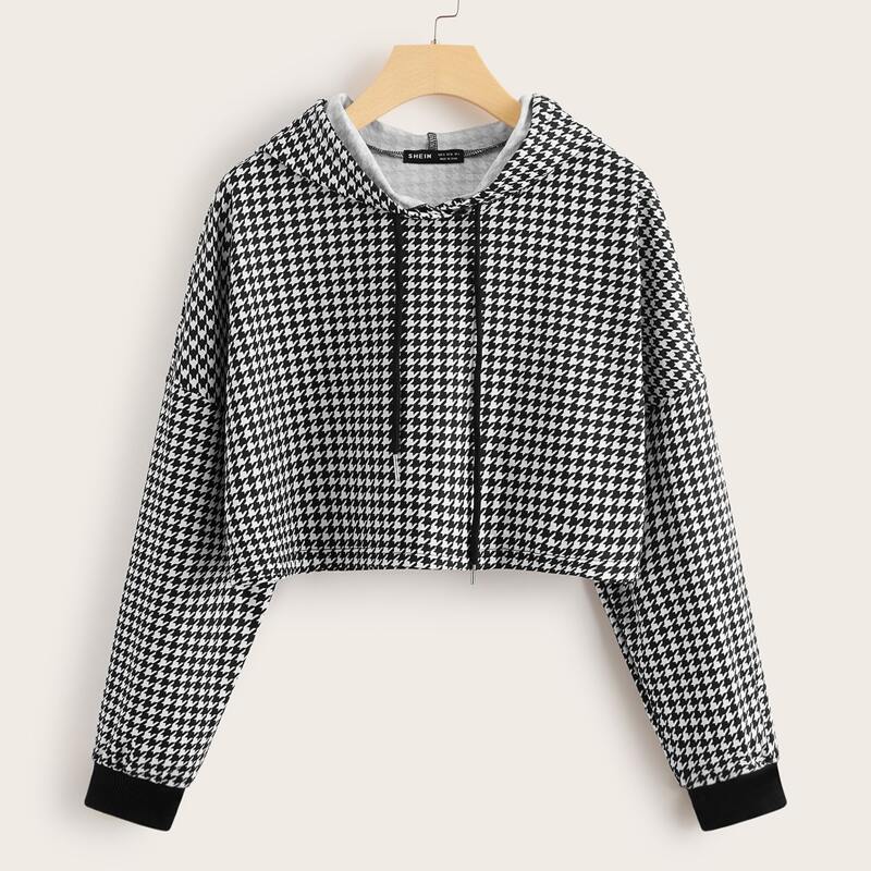 

Drop Shoulder Drawstring Houndstooth Crop Hoodie, Black and white