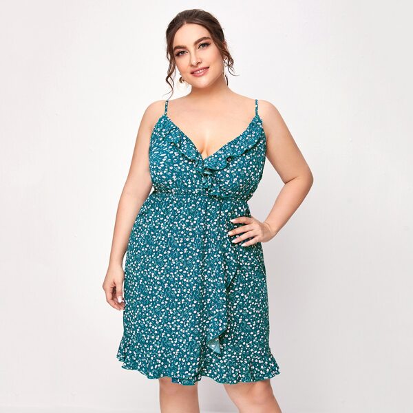 

Plus Ruffle Trim Ditsy Floral Cami Dress, Teal blue