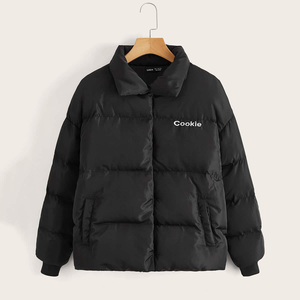 

Drop Shoulder Letter Embroidery Quilted Puffer Jacket, Black