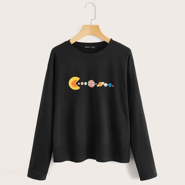 

Drop Shoulder Cartoon Graphic Tee, Black