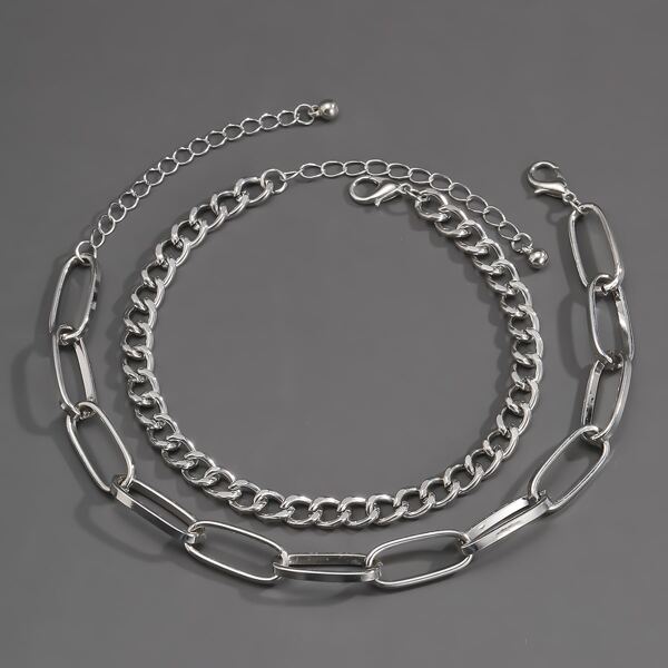 

2pcs Men Simple Chain Bracelet, Silver