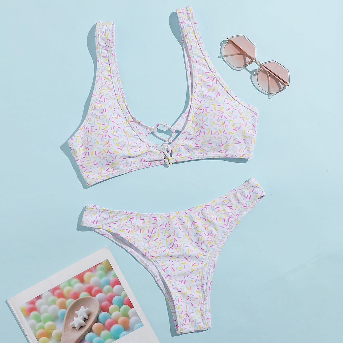 

Graphic Lace-up Tank Bikini Swimsuit, Multicolor