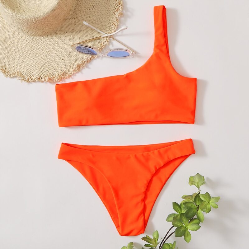 

Solid One Shoulder Bikini Swimsuit, Orange neon