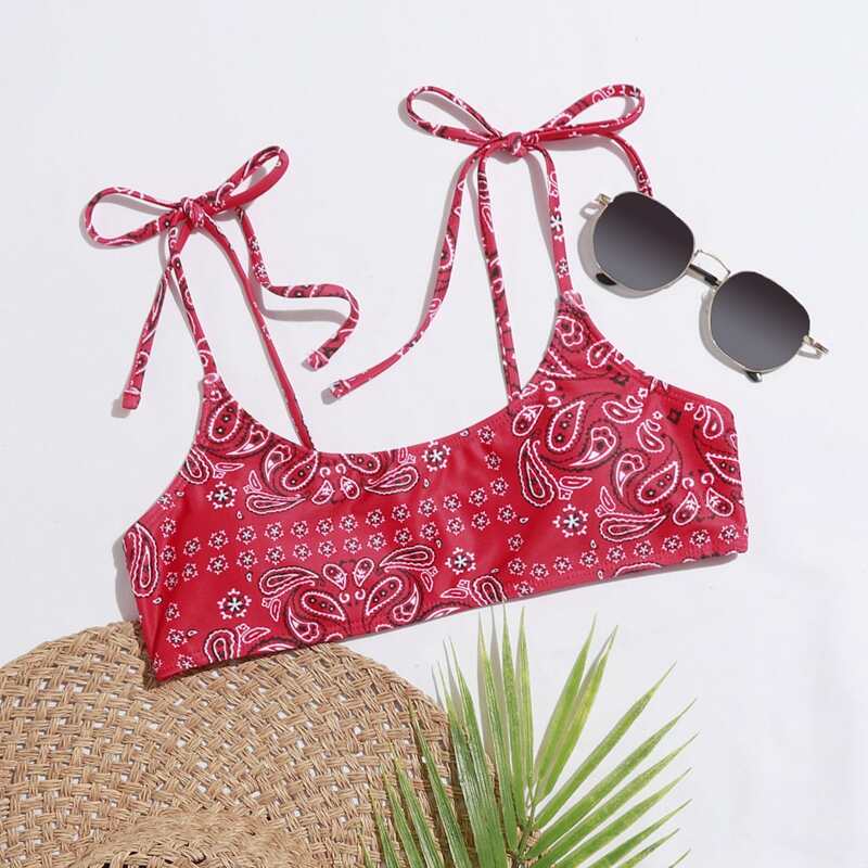 

Paisley Tie Shoulder Bikini Top, Red