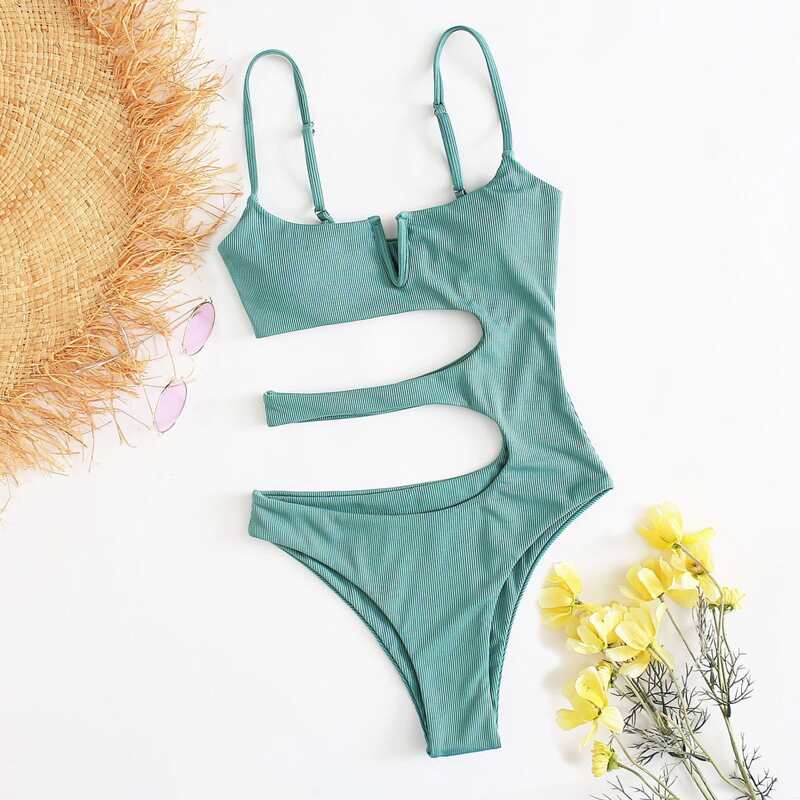 

V Wired Ladder Cut-out One Piece Swimsuit, Cadet blue