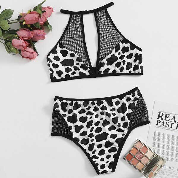 

Contrast Fishnet Cow Print Lingerie Set, Black