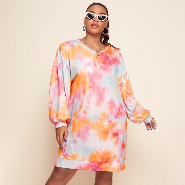 

Plus Tie Dye Bishop Sleeve Sweatshirt Dress, Multicolor