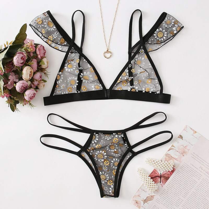 

Daisy Floral Sheer Mesh Lingerie Set, Black