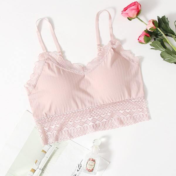 

Lace Trim Ribbed Bralette, Pastel baby pink