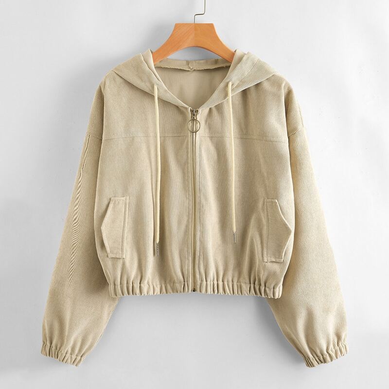 

Corduroy Drawstring Zip-up Hooded Jacket, Beige