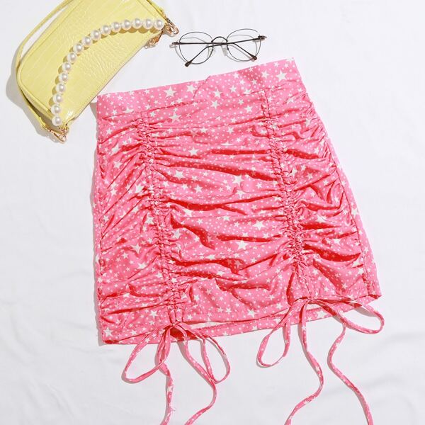 

Star Print Ruched Drawstring Mini Skirt, Pink