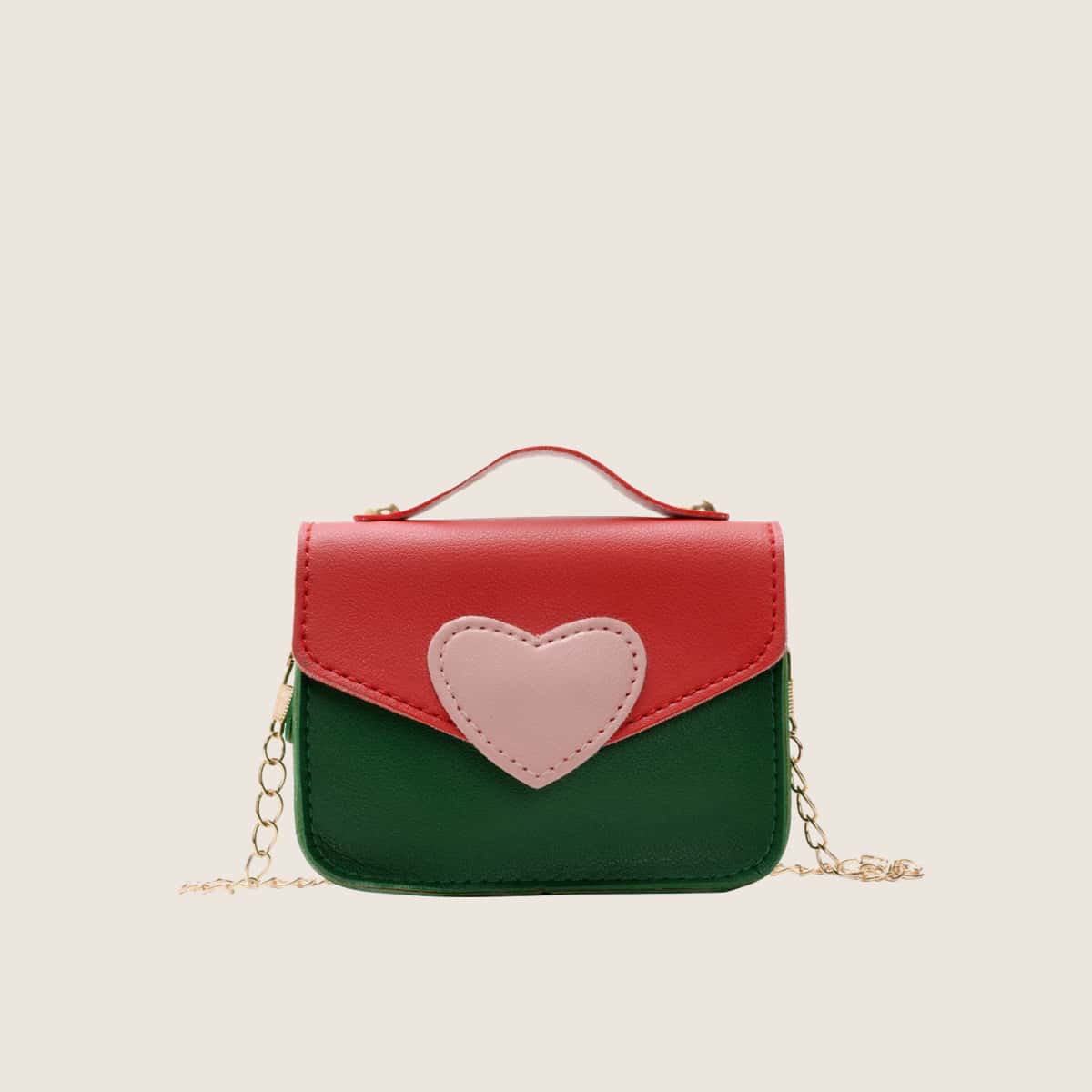 

Colorblock Heart Chain Satchel Bag, Multicolor