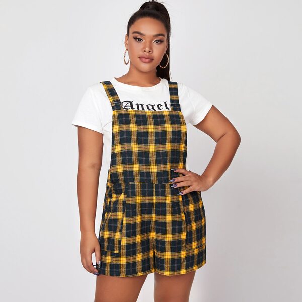 

Plus Tartan Plaid Overall Romper, Multicolor