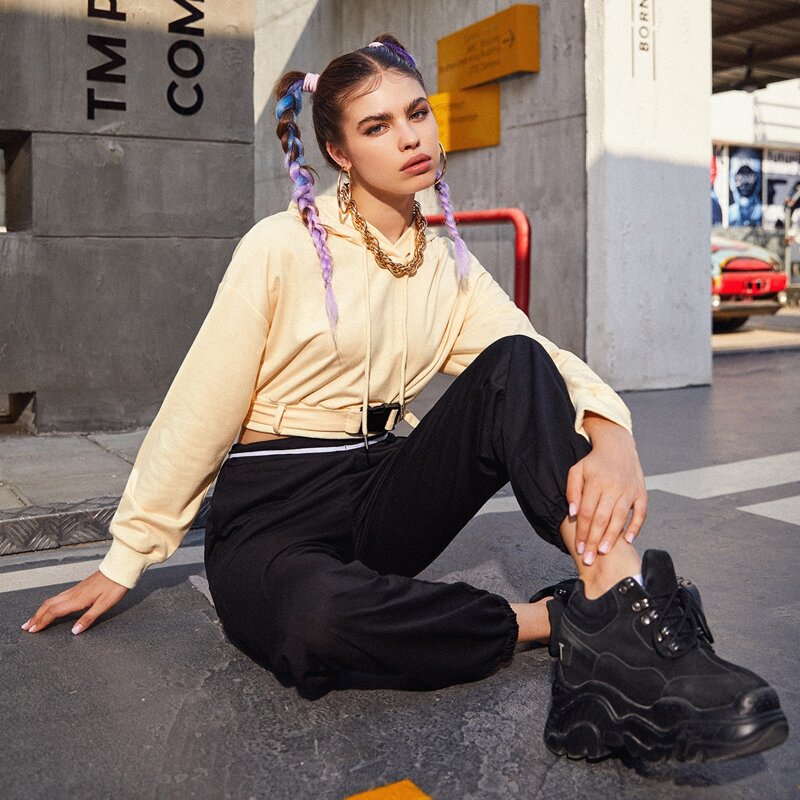 

Solid Buckle Crop Hoodie, Beige