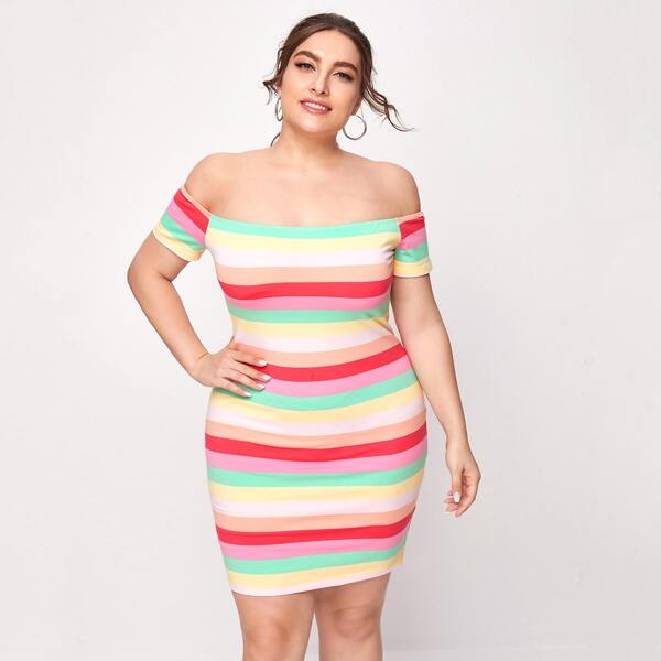 

Plus Colorful Striped Bodycon Dress, Multicolor