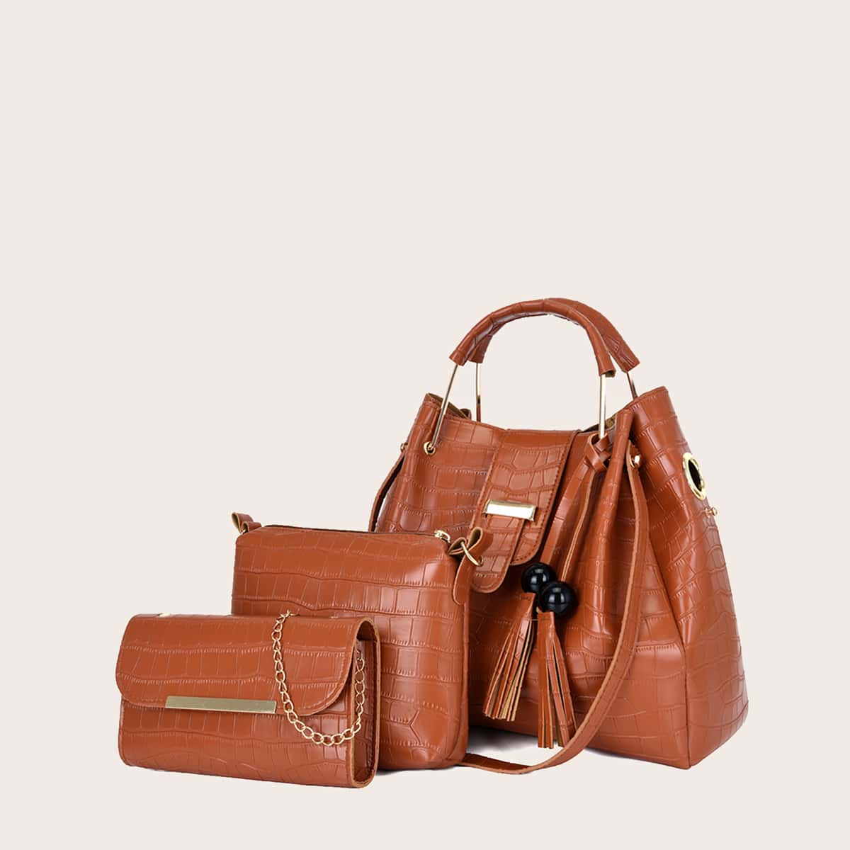 

3pcs Tassel Decor Croc Embossed Satchel Bag Set, Brown