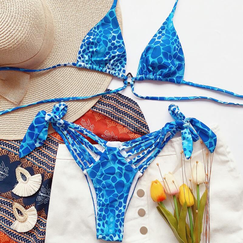 

Allover Print Halter Tie Side Bikini Swimsuit, Blue