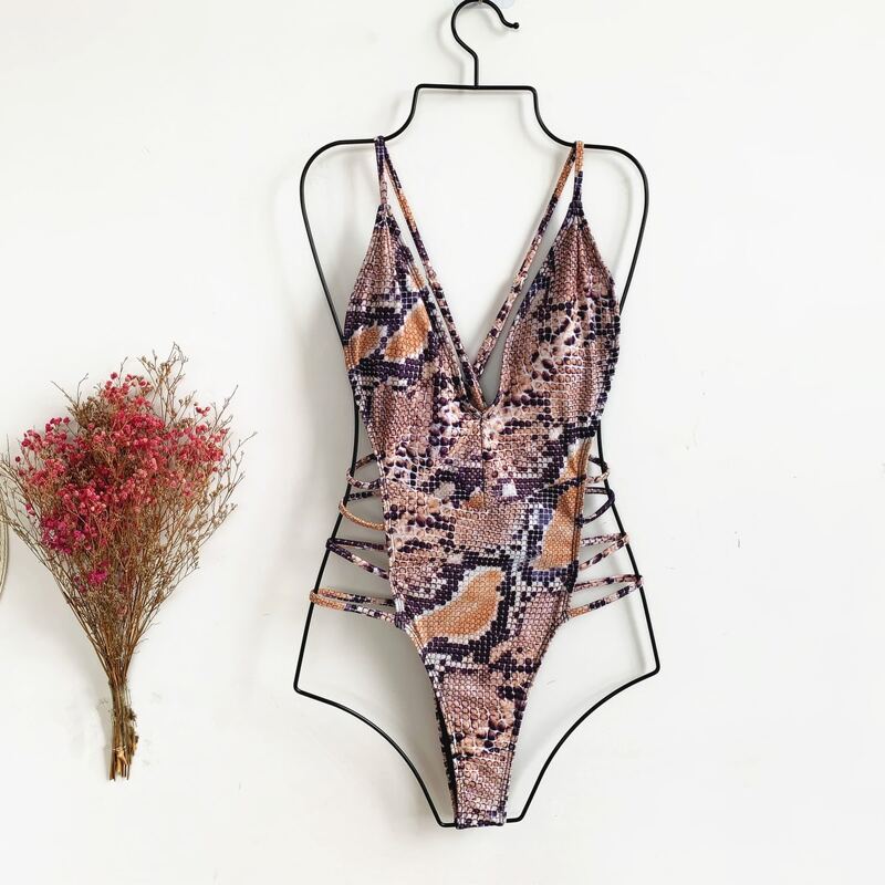

Snakeskin Cut-out Crisscross One Piece Swimsuit, Multicolor