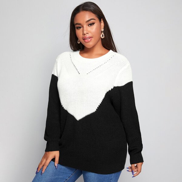 

Plus Two Tone Ribbed Knit Sweater, Black and white