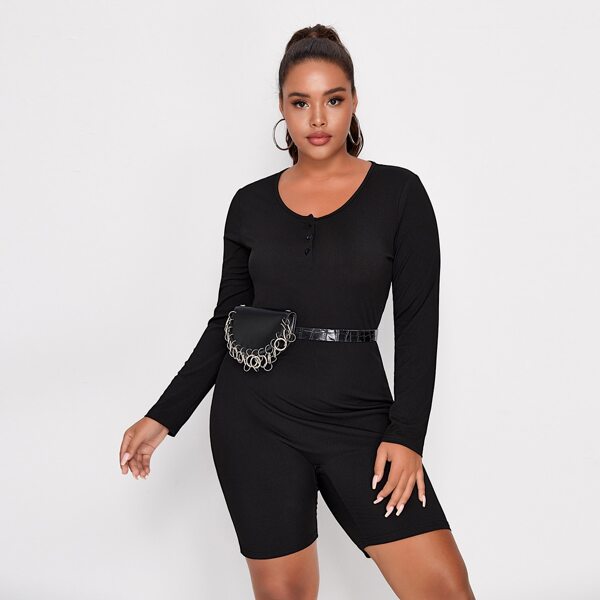

Plus Rib-Knit Half Button Jumpsuit Without Bag, Black
