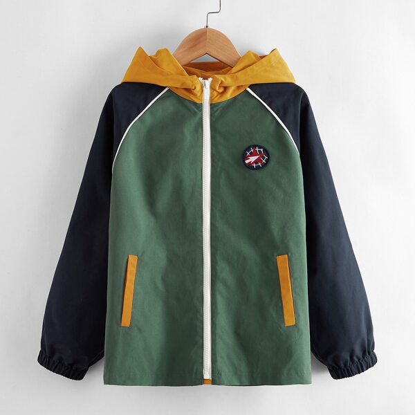 

Boys Patch Detail Raglan Sleeve Colorblock Hooded Jacket, Multicolor